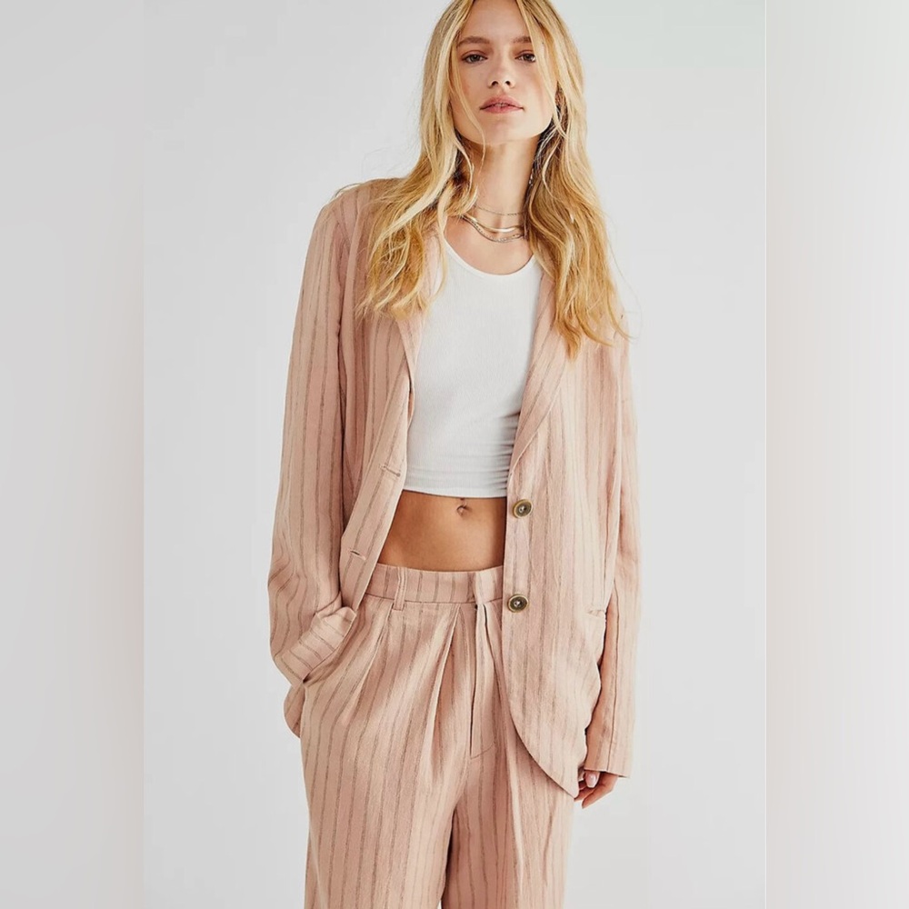 NEW Free People Vida LINEN Oversized Blazer Jacket In Pink Rose Pinstripe Size S